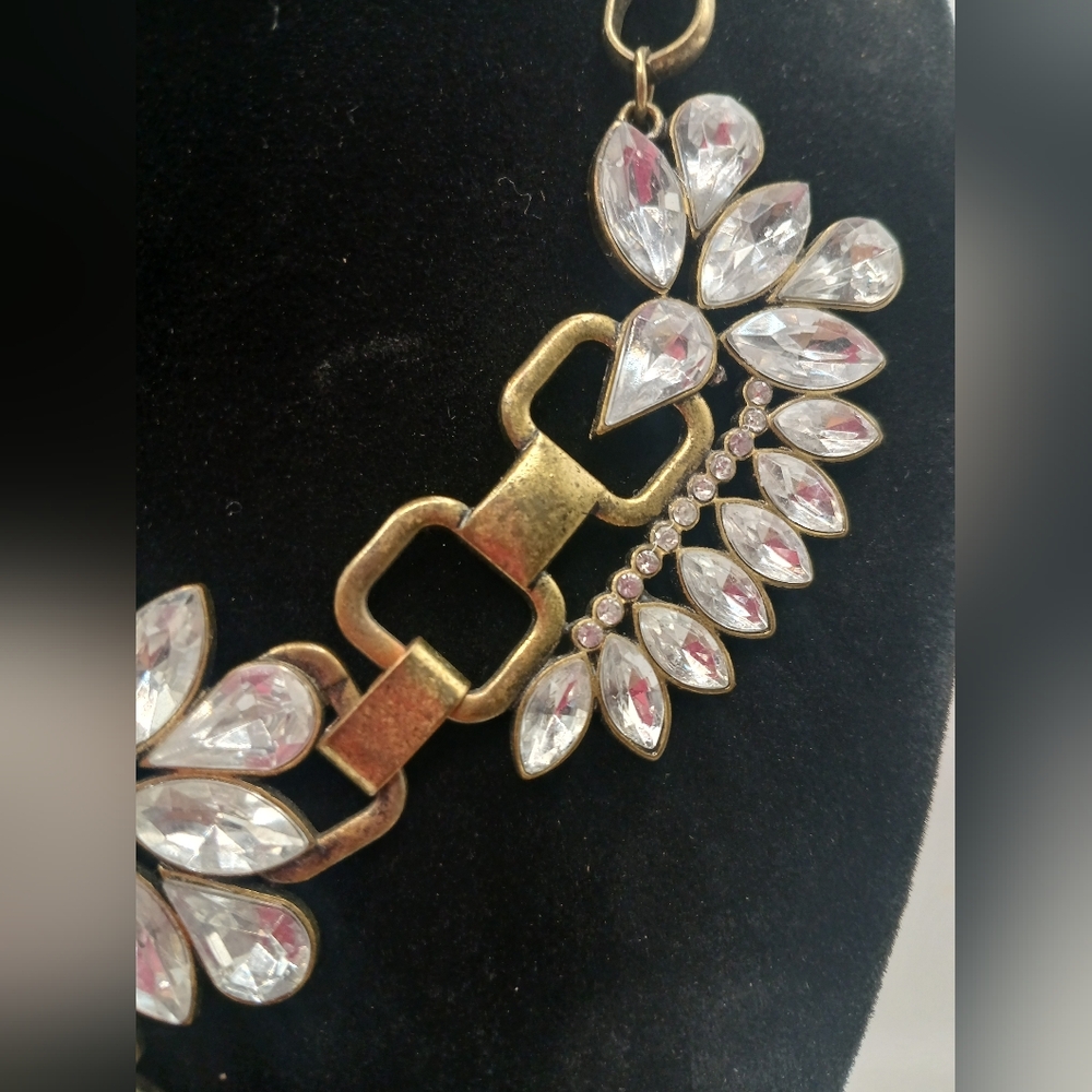 Large Brass Tone With Clear Crystals Bib Style  Statement Necklace 9 - 11" - Picture 2 of 3